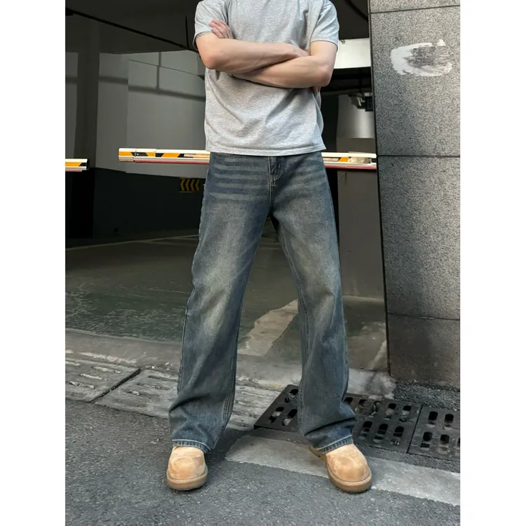 JMFOPE秋冬复古直筒牛仔裤百搭简约猫须水洗潮牌男款新款垂感裤子
