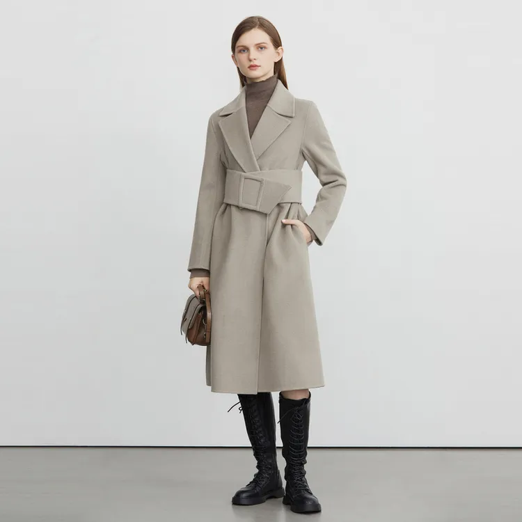 sdeer圣迪奥女装时尚气质百搭西装领收腰长款毛呢大衣S224Z2526