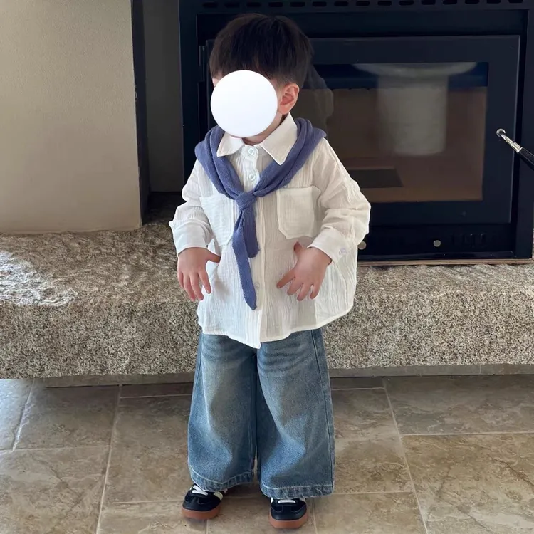 男童套装2025秋季新品白色衬衫男女宝宝韩版休闲宽松牛仔裤两件套