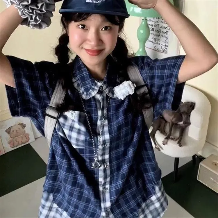夏季新款美式复古设计休闲上衣学院蓝色外套格子宽松短袖衬衫衬衣