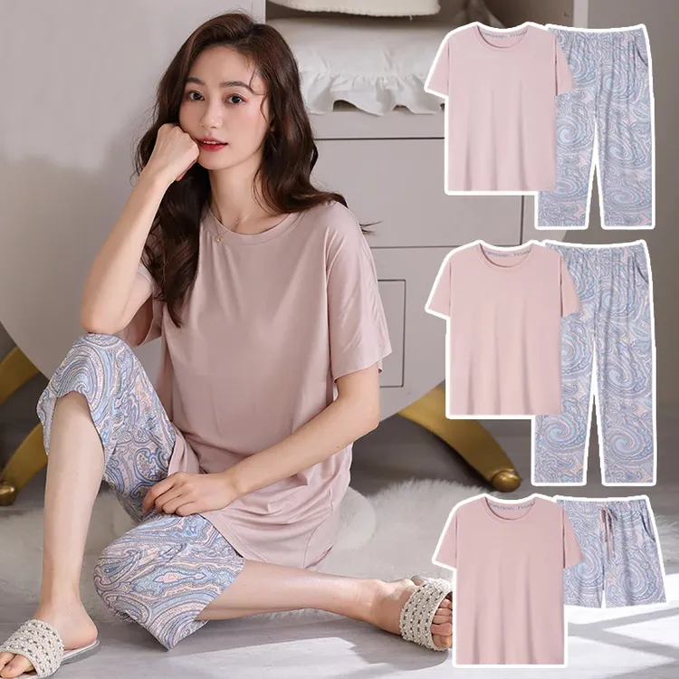 帕兰朵带胸垫睡衣女士夏季夏天夏款莫代尔短袖长裤家居服薄款纯色