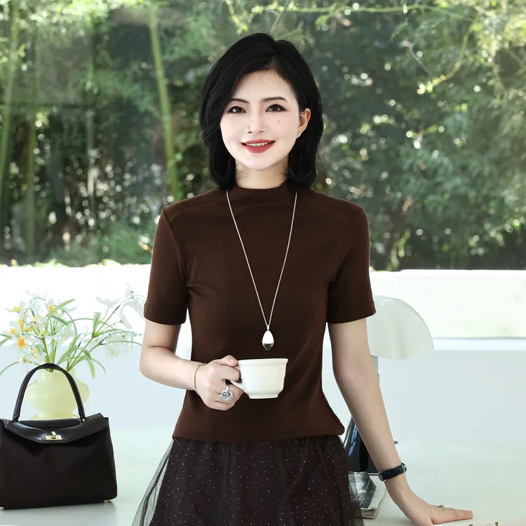 枫竺阿楠anan半高领结构弹力气质短袖T恤女秋季通勤休闲打底上衣
