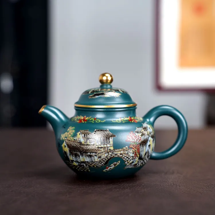 珐琅彩掇球壶 330cc 宜兴紫砂壶/原矿苏门答腊青 全手工拍打