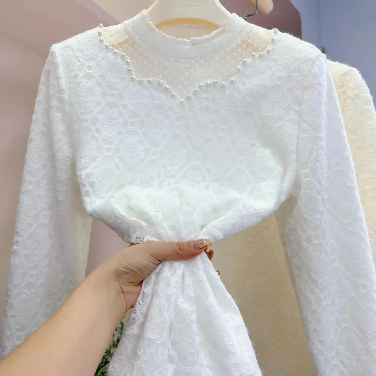 民族风钉珠冬季新款加绒加厚镂空蕾丝衫显瘦保暖套头内搭