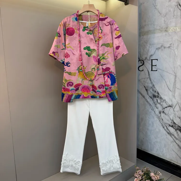 2025新款洋气印花复古盘扣国风斜襟设计新中式衬衫显瘦百搭套装