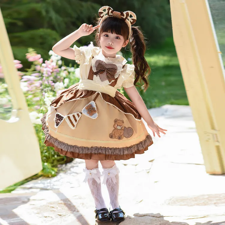 女童夏季短袖洛丽塔甜美风达菲熊公主蓬蓬吊带连衣裙生日礼服可爱