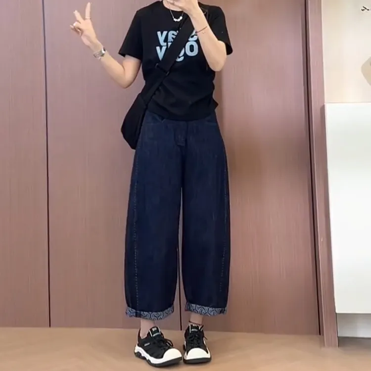 薄款牛仔裤女宽松阔腿裤夏大码弯刀裤小个子高腰九分裤显瘦老爹裤
