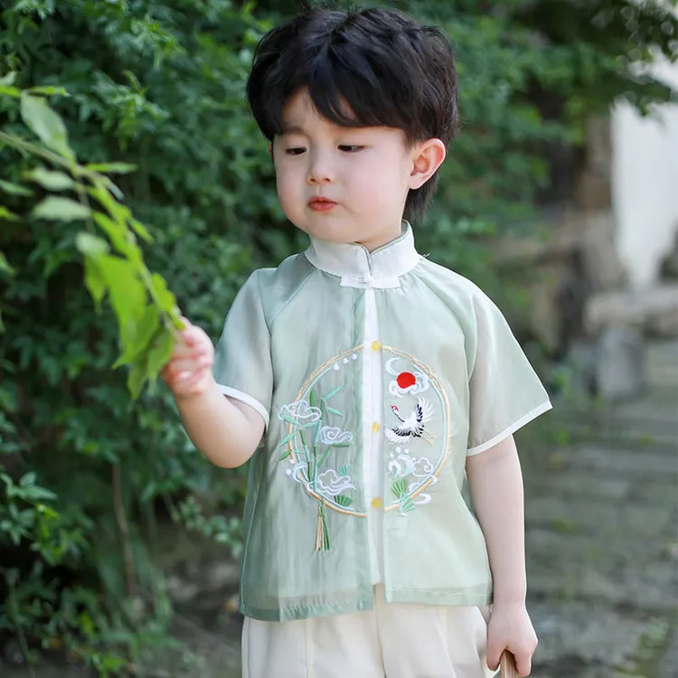 汉服男童唐装夏季薄款古装儿童中式短袖国学宝宝中国风套装表演服