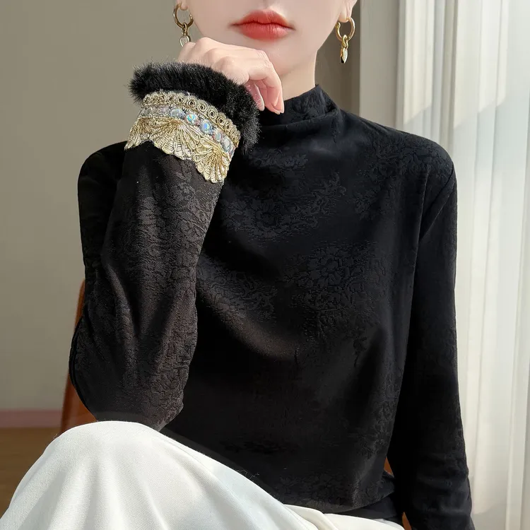 9827加绒加厚国风打底衫T恤上衣新中式内搭长袖半高领衬衫女秋冬