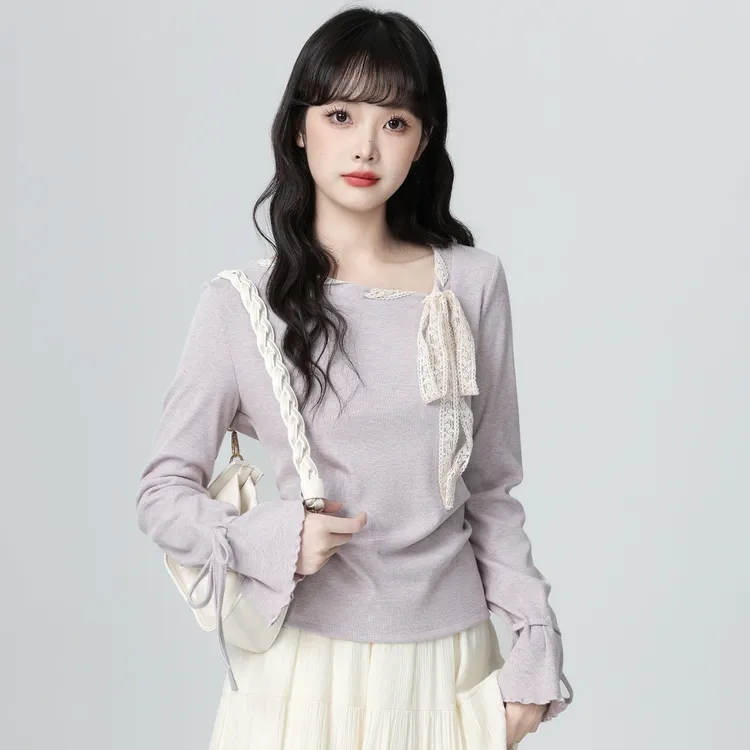 法式紫色斜领长袖T恤女秋2025春秋新款蝴蝶结系带体恤收腰短上衣