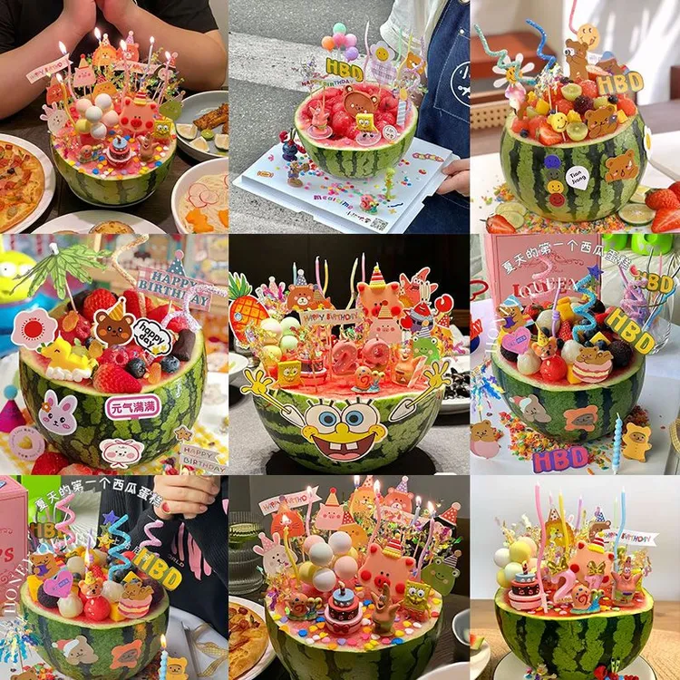 夏日水果西瓜榴莲蛋糕装饰饭团小动物生日快乐插牌烘焙插件