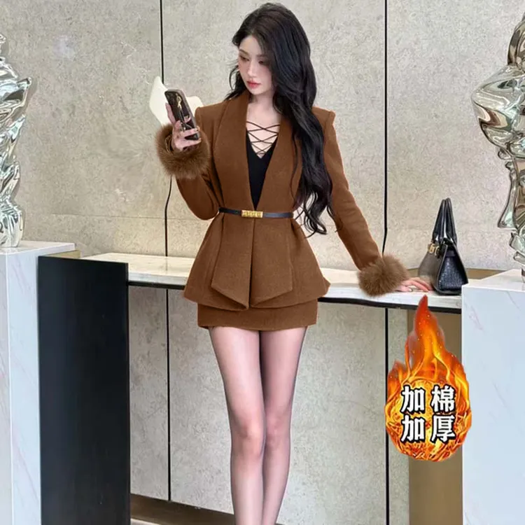 【ANYI】【加棉加厚】【两件套含腰带】秋冬季显瘦套装网红短裙JT0228