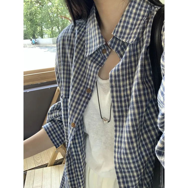 蓝色格子衬衫外套女早秋宽松慵懒风气质上衣长袖叠穿休闲衬衣小众