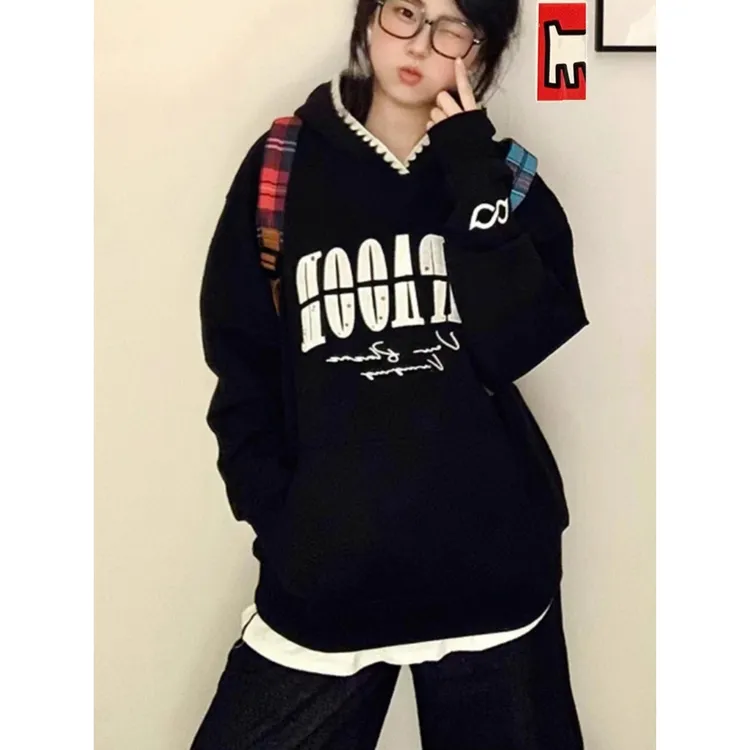 美式街头字母刺绣连帽卫衣女2025秋冬新款国潮牌重磅宽松外套上衣