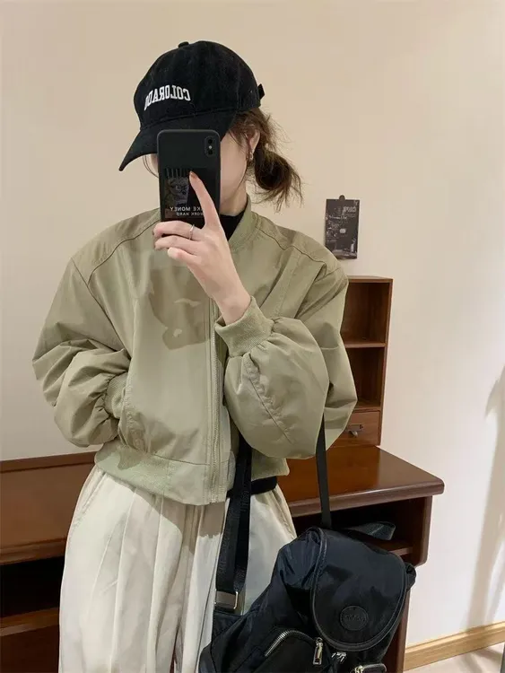 女秋季休闲风纯色免烫短款短外套百搭风衣宽松上衣