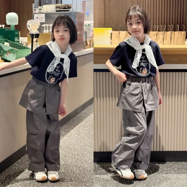 2025夏季新款女童甜酷套装中大童时尚休闲丝巾T恤个性宽松工装裤