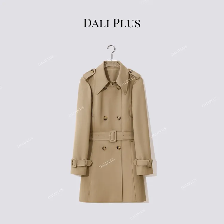 DALI PLUS “精仿羊毛风衣”双肩章双排扣收腰中长款外套-D5LT2315
