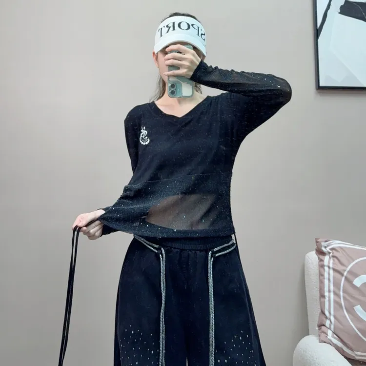 纤伽秋季新款银丝洒金闪星宽松拼接广场舞长袖上衣时尚跳舞衣服