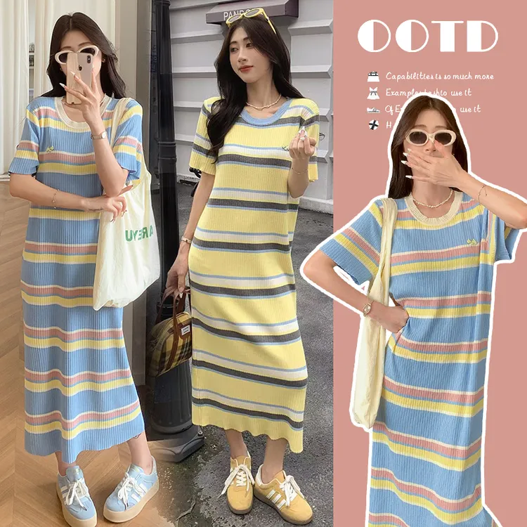 孕妇装夏季连衣裙2025新款时尚条纹韩系薄款宽松短袖中长款冰丝裙