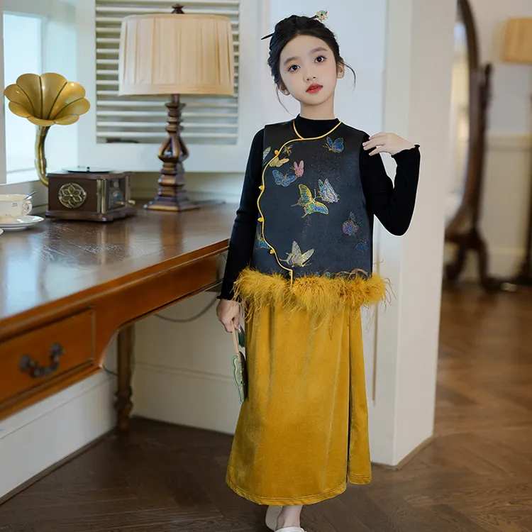 53906女童国风刺绣汉服新中式马甲套装秋季古风儿童唐装周岁礼服