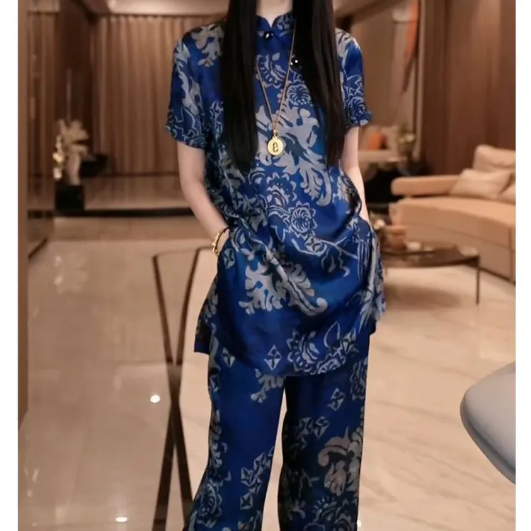 高档名媛风好看印花裤套装女2025夏季新款短袖百搭休闲衬衫+裤子