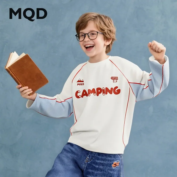 MQD童装25秋季新款户外露营登山服宽松插肩撞色长袖T恤9653W0330