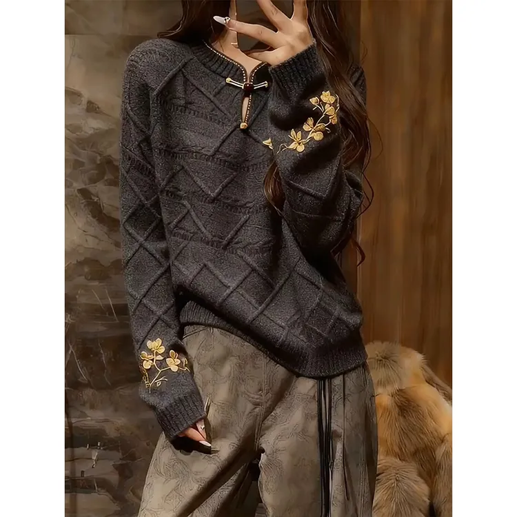 深灰色立领长袖针织衫女2025秋冬新款新中式高端精致绣花大码毛衣