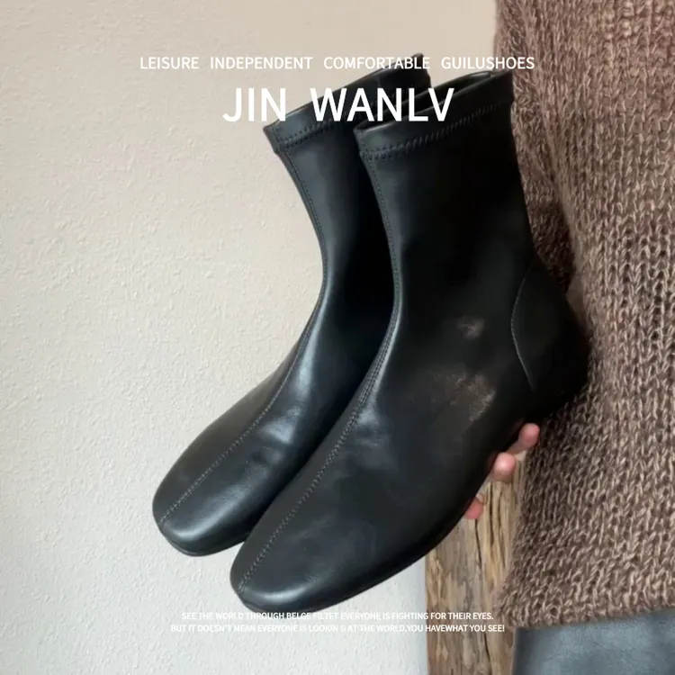 羊皮版~2025秋冬新款时尚小众圆头粗跟短靴女拼接加绒保暖马丁靴