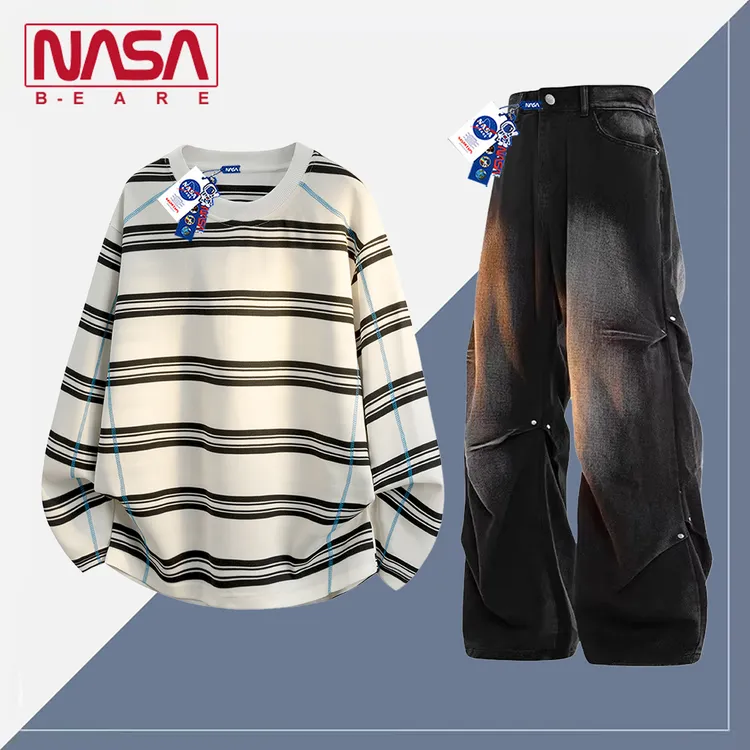 NASA联名个性复古条纹长袖t恤男套装秋季新款宽松褶皱水洗牛仔裤