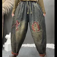 【铃铃】春款炒色水洗宽松红穗大花牛仔老爹裤腰围106臀围140裤长93