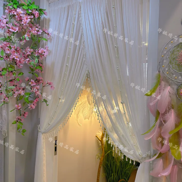 轻奢免打孔安装隔断门帘纱帘蕾丝卧室厨房隔断