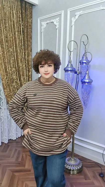 T恤女士长袖通勤女T恤撞色条纹条纹休闲圆领