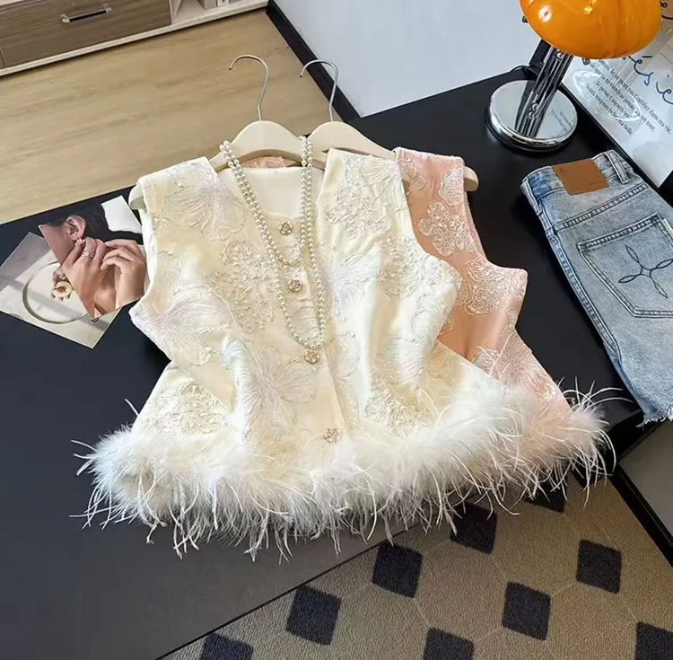 【加棉加厚】新中式重工刺绣亮片马甲2025秋冬复古国风毛毛拼接上衣