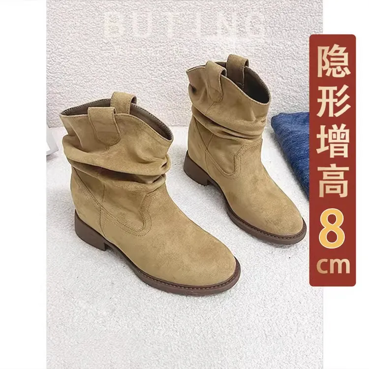 【平增高8cm】时尚美拉德V口堆堆靴女中筒显瘦褶皱2025今年流行鞋子