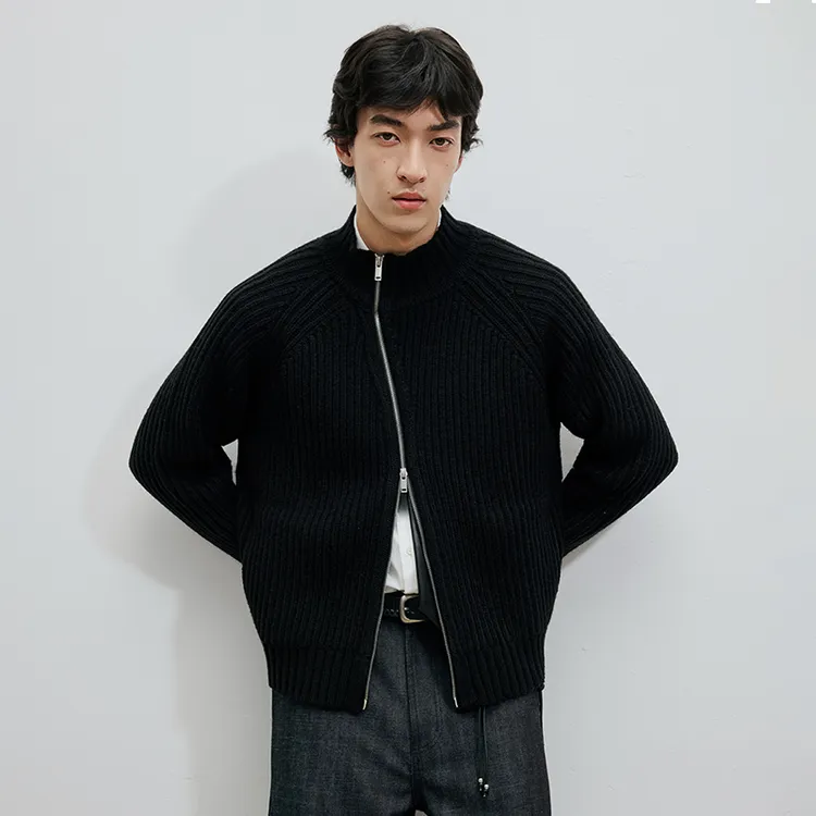 WHIMNOTION 25AW「斜拉链」重磅进口美利奴羊毛混纺针织毛衣外套