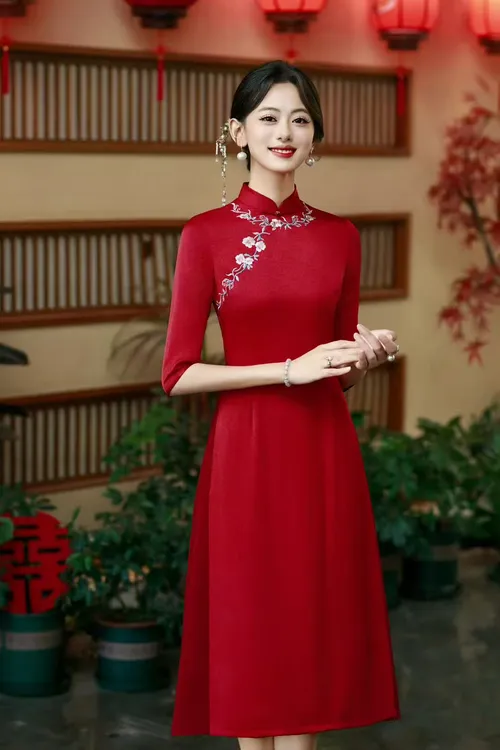 【花木兰】2025中国风红色喜庆气质时尚修身高端刺绣彩春秋旗袍A16