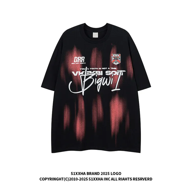 51嘻哈街头设计感涂漆印花半袖男款潮牌小众复古宽松短袖T恤