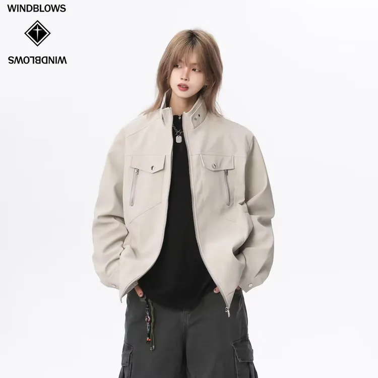 WIND BLOWS2025短款秋装立领散口袖中性百搭PU皮夹克时尚潮流设计