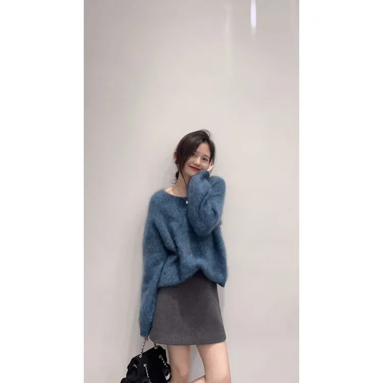 2026秋季新款高级感蓝色套头毛衣宽松慵懒针织上衣半裙两件套装