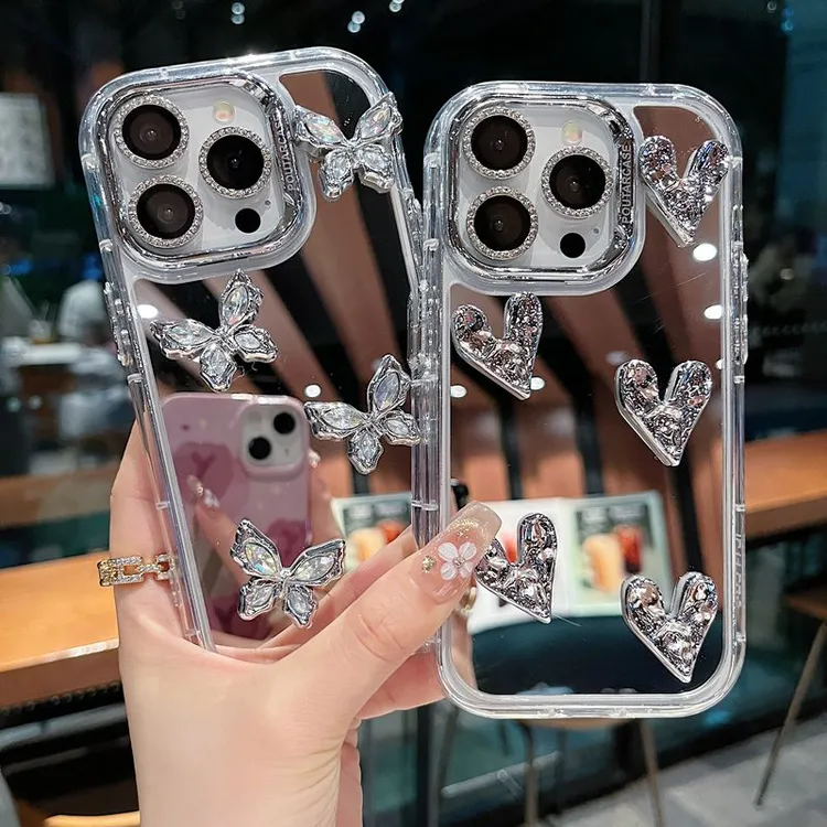 适用苹果系列iPhone16新款手机壳高级镜面立体爱心全包防摔保护套