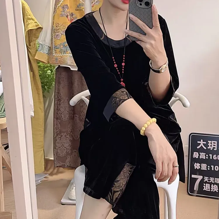 新中式黑色丝绒T恤女春季2025 年新款撞色提花搭配国风宽松两件套