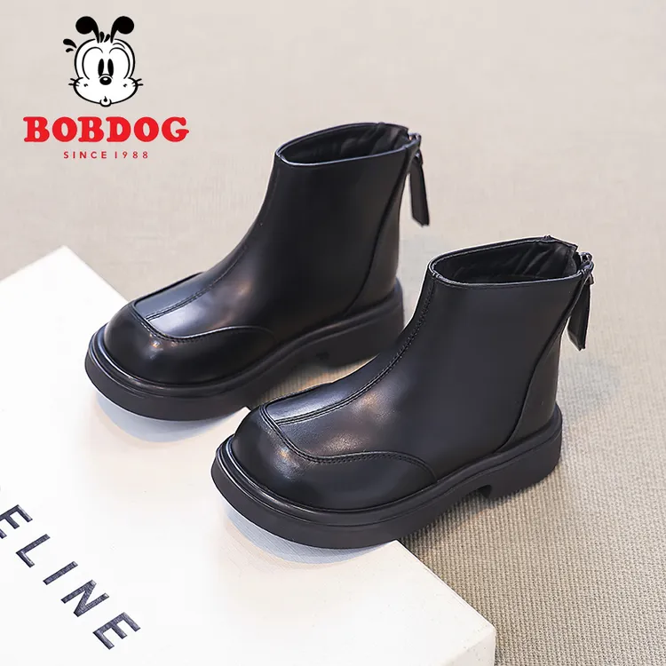 巴布豆品牌童鞋新款马丁靴休闲学院风黑色低筒短靴时装靴后拉链