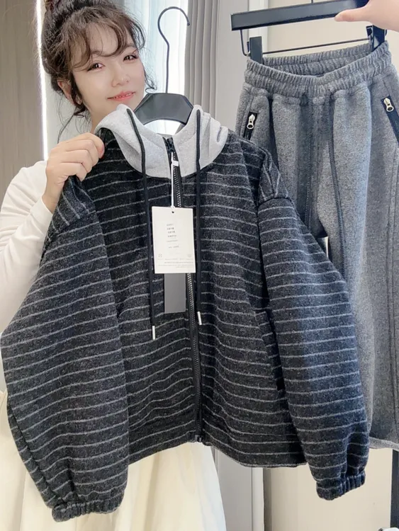 {加绒}儿童拉链条纹秋冬连帽宽松韩版卫衣外套男女童中长款
