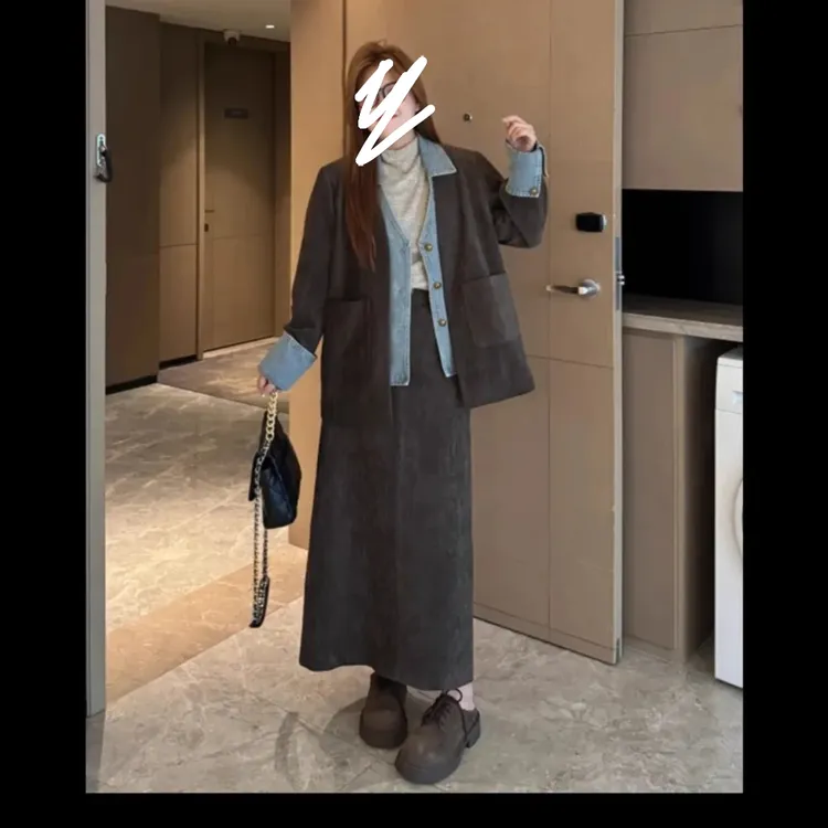 秋冬薄棉新款大码女装显瘦牛仔拼接外套+半身裙显瘦套装阔腿裤