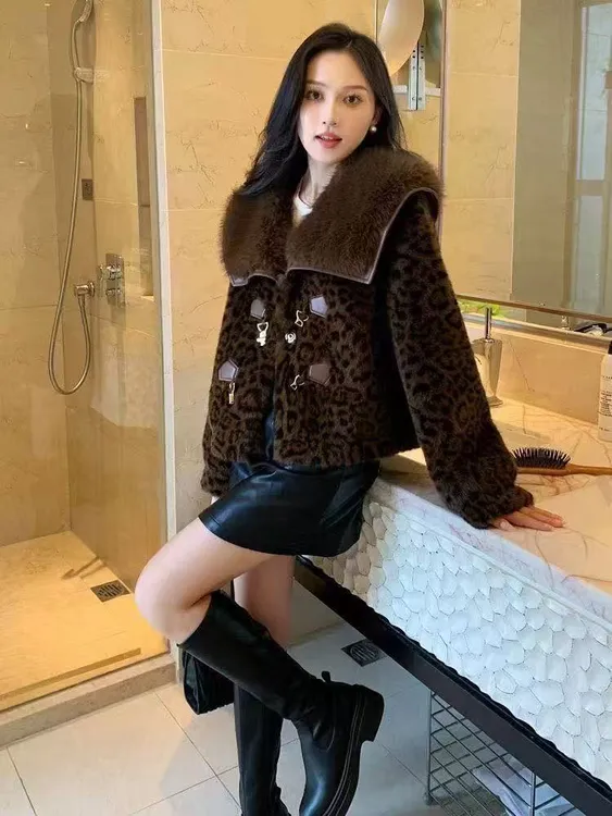 翻领豹纹气质女装拼接落肩袖百搭外套秋冬扎染短款时尚上衣网红