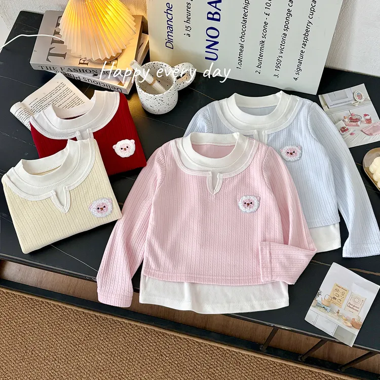 2025秋季新款女童甜美假两件打底衫柔软中大童T恤可爱弹力打底衫