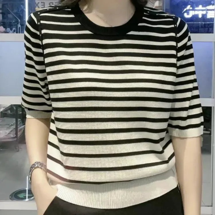 哥弟阿玛施正品条纹薄款针织半袖T恤女2025夏季新款遮肚子宽松显