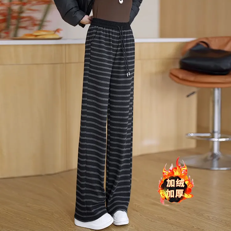 冬季毛呢加绒加厚条纹阔腿裤女高腰宽松显瘦休闲针织保暖直筒裤子