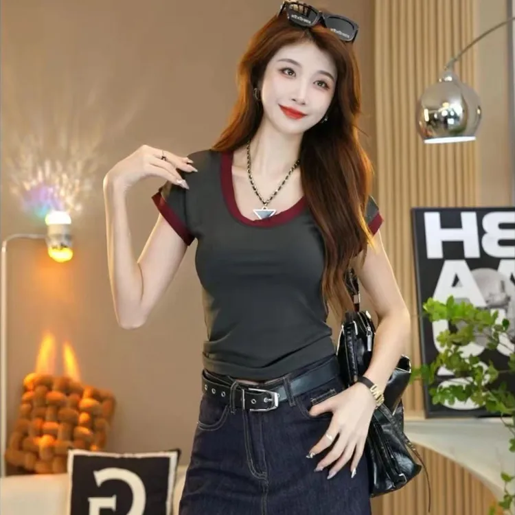 美式复古撞色圆领短袖T恤夏季新款修身显瘦显白圆领拼接外穿上衣