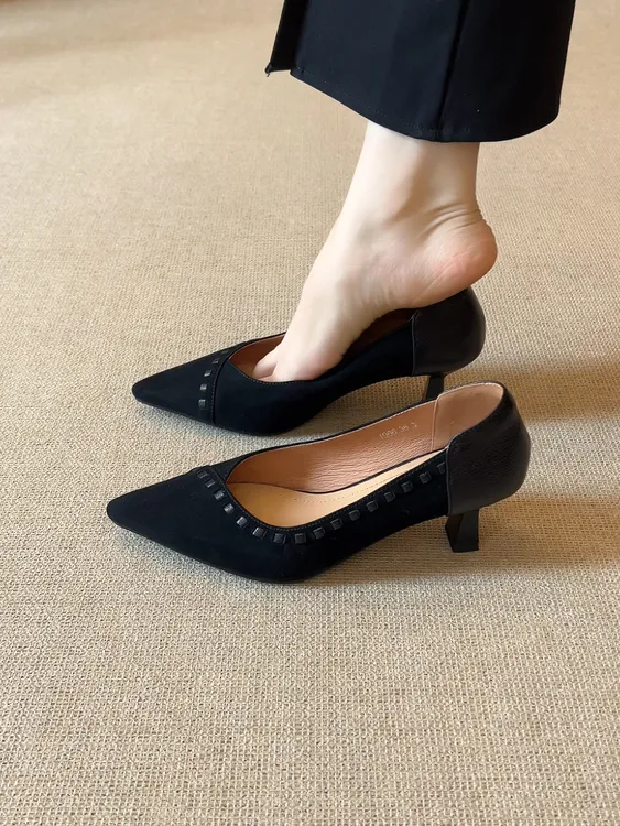 羊皮断码清仓磨砂细跟工作高跟鞋女2025春秋新款黑色百搭优雅单鞋